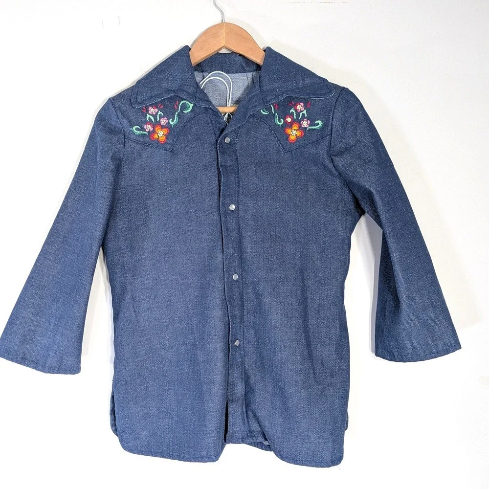 Handmade Vintage Western Shirt; Embroidered Floral Denim Snap Front Shirt